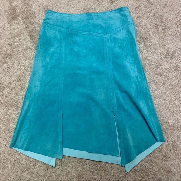 DANIER Leather blue suede asymmetrical hem A-line skirt Sz 12 - Picture 8 of 8
